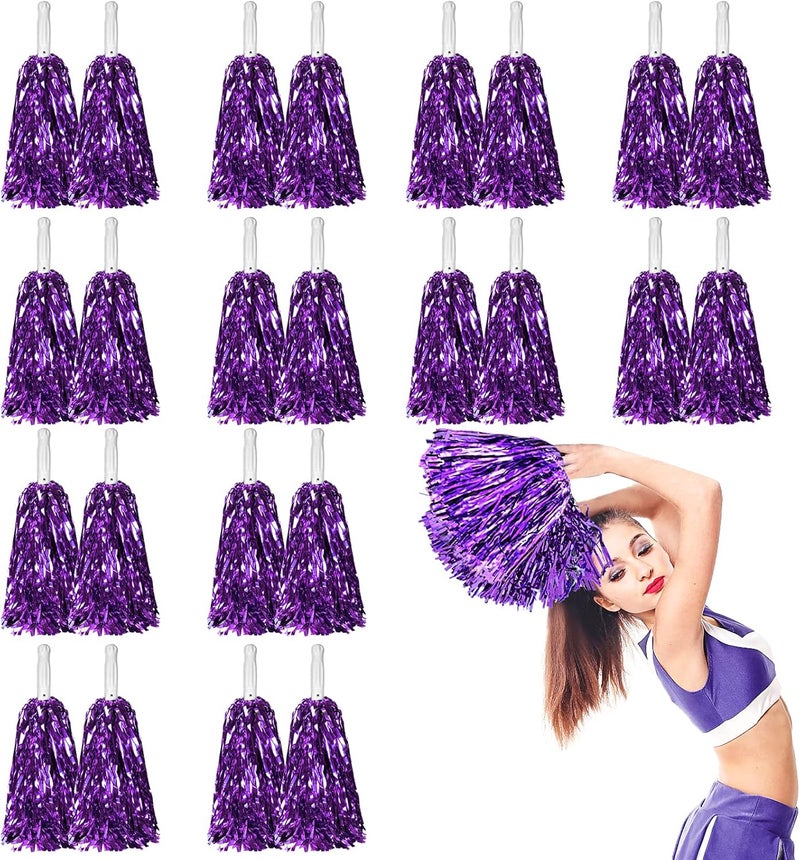 DILIBRA 24 Pcs Metallic Cheerleading Pom Poms for Kids, Cheerleaders Cheer Pom Poms with Baton Handle, Cheering Squad Hand Flower for Adults Team Spirit Sports Game Dancing Party - Image 1